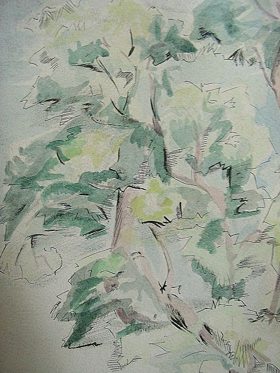 Beau dessin encre, lavis, aquarelle, sur papier, arbre. Etat dusage 