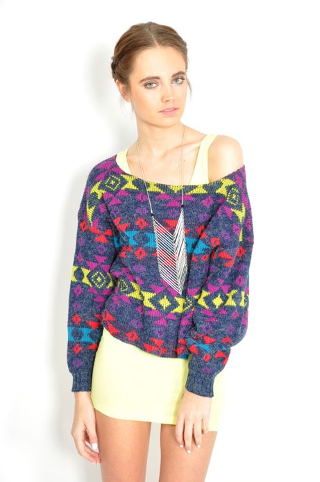 Vtg 80s Neon SOUTHWESTERN NAVAJO Knit Slouchy BOX CUT Crop JUMPER 