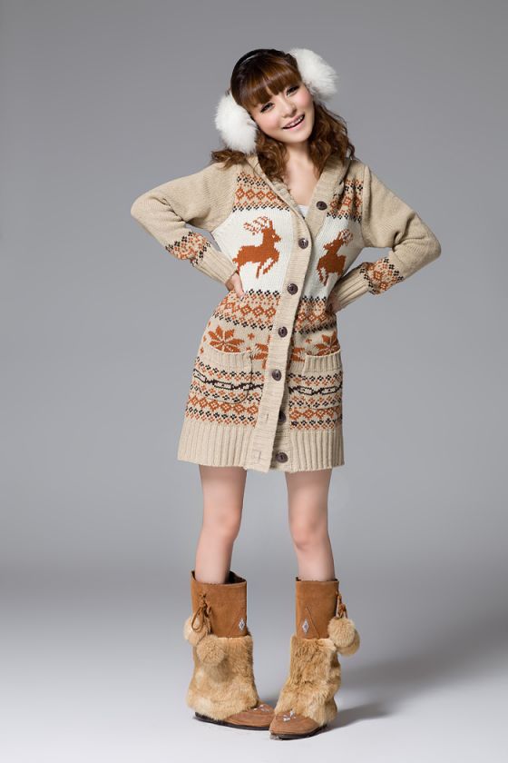 Xmas Reindeer LONG HOODED SWEATER COAT 1384  