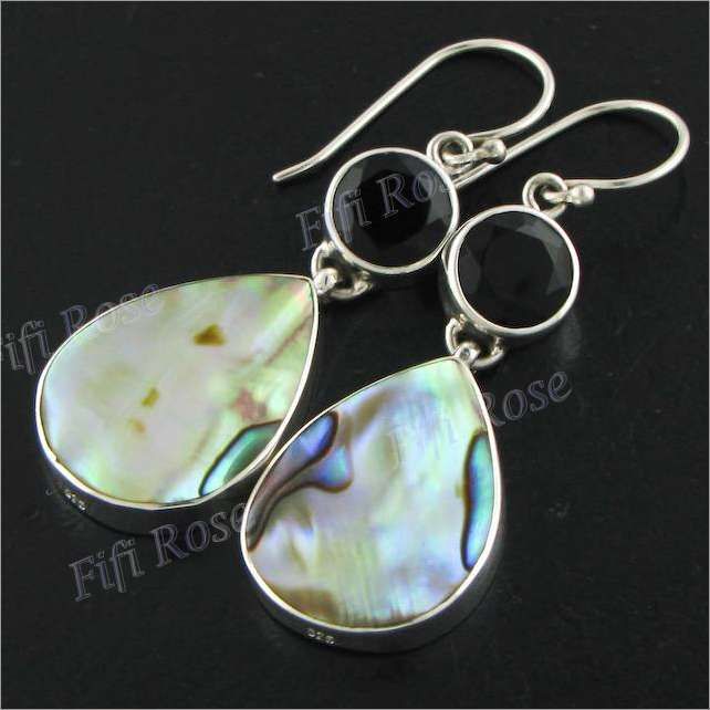 16 ADORABLE ONYX PAUA ABALONE SHELL 925 SILVER earrings  