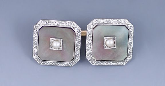 PAIR 1920s KREMENTZ 14K ROSE GOLD ABALONE SHELL PEARL CUFFLINKS  