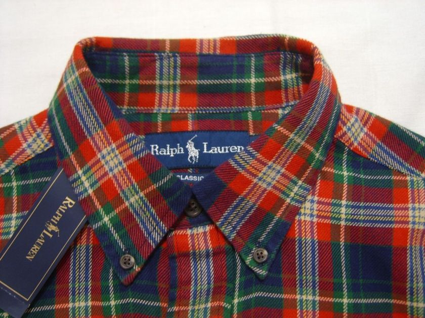   Lauren PONY L Button Flannel Shirt Mens Red Green Navy Tartan Madras