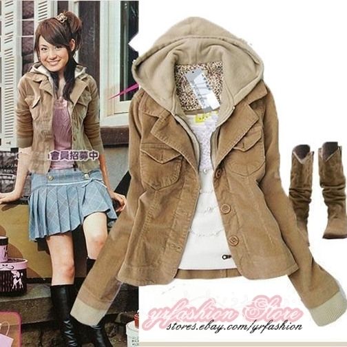 yrfashion Japan Women 2012 New Arrival Modish Hooded Khaki Corduroy 