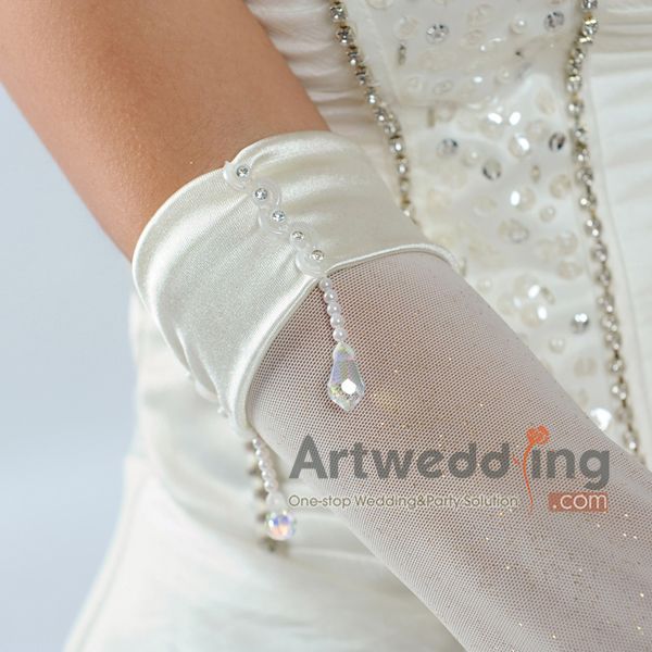 Tulle Fingerless Elbow Wedding Gloves with Beading (ST110051)