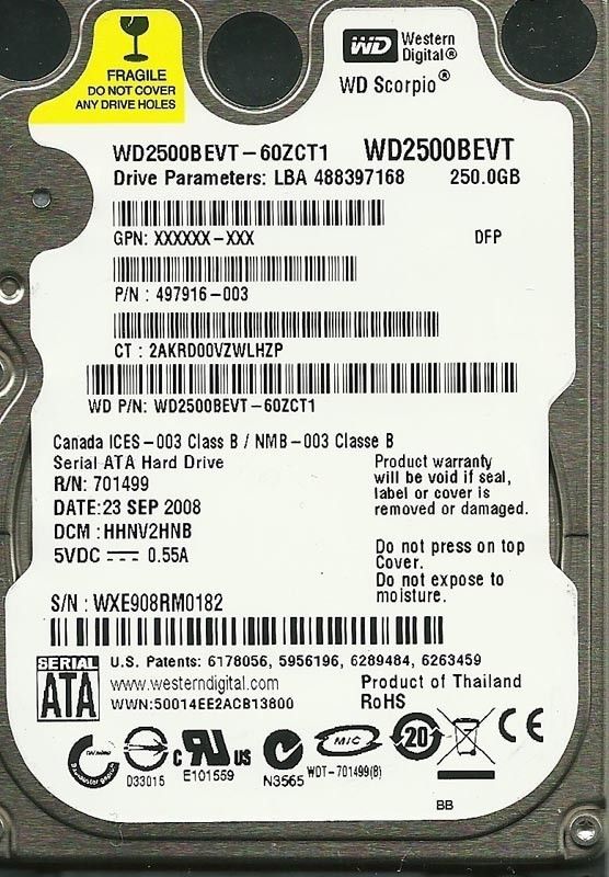 WESTERN DIGITAL 250GB WD2500BEVT 60ZCT1 DCM HHNV2HNB  