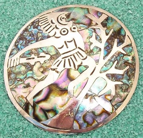 Huge Early Mexican Abalone Sterling Aztec Pin Pendant  