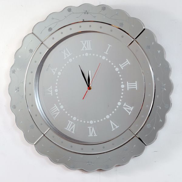 Large Mirror Wall Clock Silver 3d Effect Hand Etched Quartz Hanging 