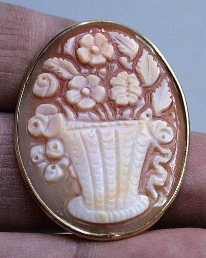 RARE ANTIQUE 14K YG FLOWERS CAMEO PIN & NECKLACE  