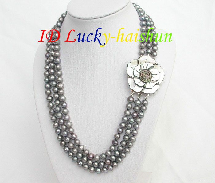 Genuine 3row Gray freshwater pearls necklace  