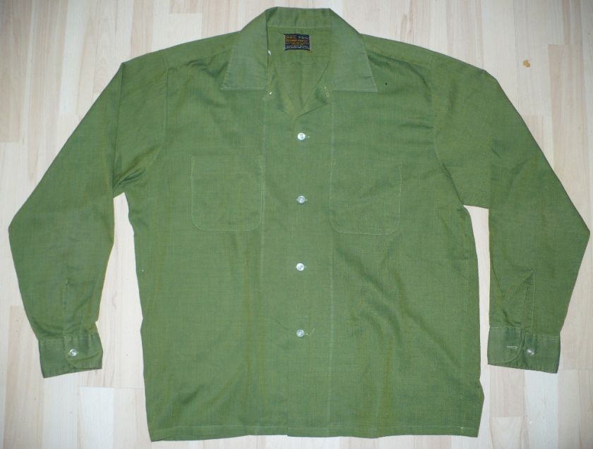 Vintage 70s Mens OLIVE GREEN Button Up L/S SHIRT Retro  