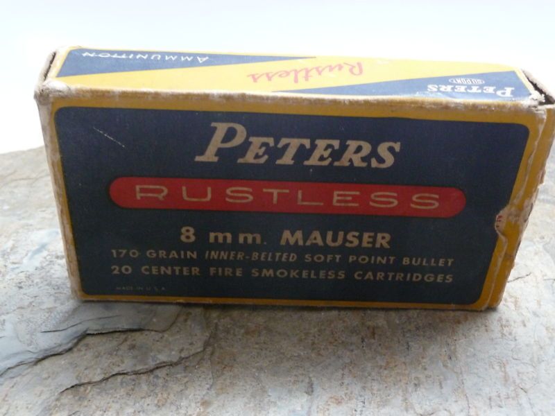 Vintage Peters rustless 8 mm mauser ammo cartridge box  