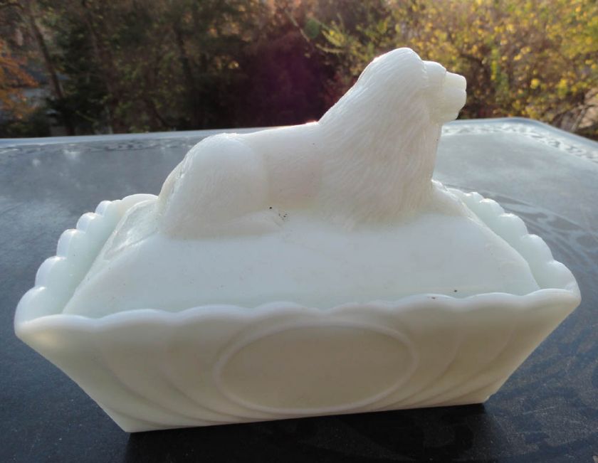 Antique Milk Glass Lion Covered Loaf Dish Dish EAPG  