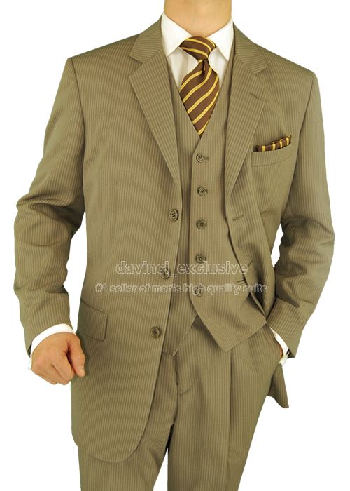 STYLISH MUNDO 3 BUTTON VESTED MENS SUIT + PLEATED PANTS 430 TAN NARROW 