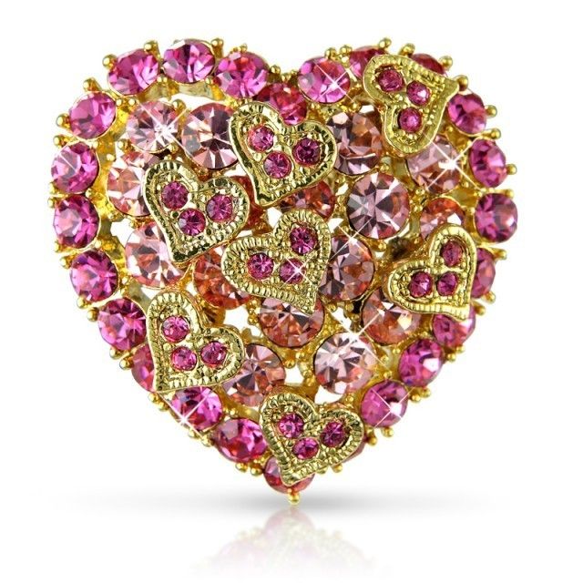 STUNNING 18K GOLD OVERLAY PINK CRYSTALS HEART BROOCH UK  XMAS GIFT 