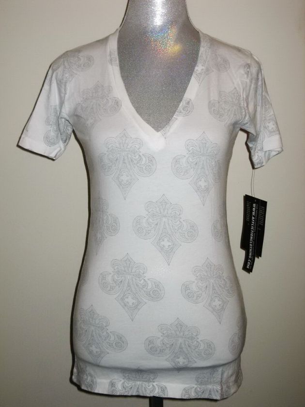 Affliction FLEUR DE LIS Vee Neck T Shirt Womens White NWT  