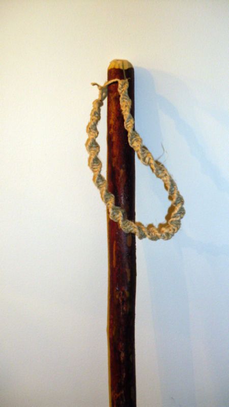 Hiking Stick Walking Staff Hand Carved Wood Hemp Lariat  