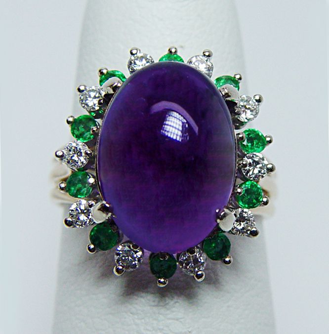 Vintage 6ct Amethyst Emerald Diamond Ring 14K Gold Heavy 7gr Estate 