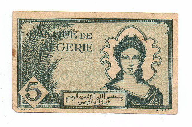 1942 BANQUE DE L ALGERIE 5 FRANCS BANKNOTE  