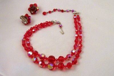   EARRING SET Red AB Crystal Glass 2 Strand Rhinestones Valentine  