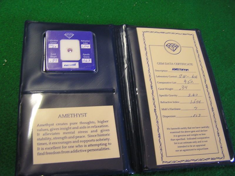 GEM Stone Amethyst in Folder w/Data Certificate  