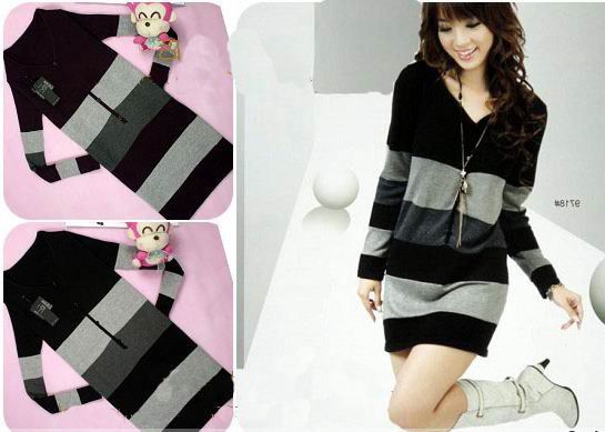 New Fashion Korea Stripe v Neck Long T Shirt Dress Coat 2 Colors 