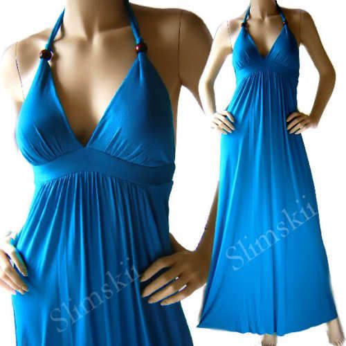 TURQUOISE Beaded Halter Long Maxi Sundress Dress 0/2  