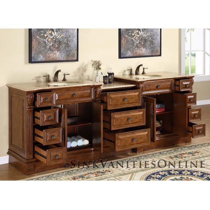 95 Empress   Travertine Top Cherry Finish Bathroom Double Sink Vanity 