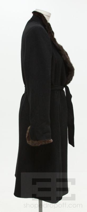 Ellen Tracy Black Wool & Brown Mink Fur Trimmed Belted Coat  