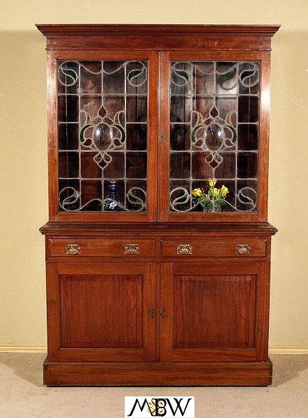 Large ANTIQUE English MAHOGANY VICTORIAN BOOKCASE w/Glass Doors c1899 