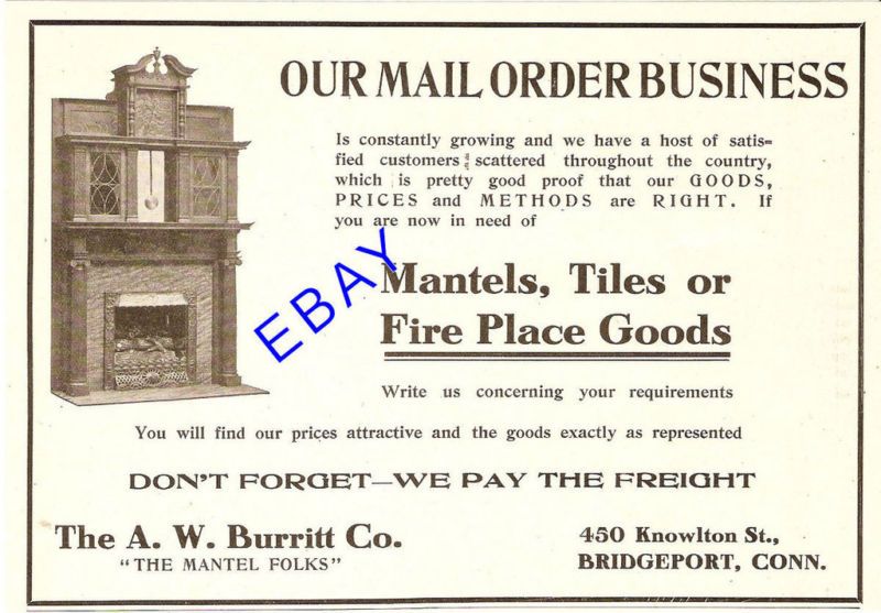 1906 BURRITT FIREPLACE MANTEL & TILE AD BRIDGEPORT CT  