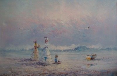   ORIGINAL 1970S IMPRESSIONIST CHILDREN ON BEACH SCENE OIL PAINTING