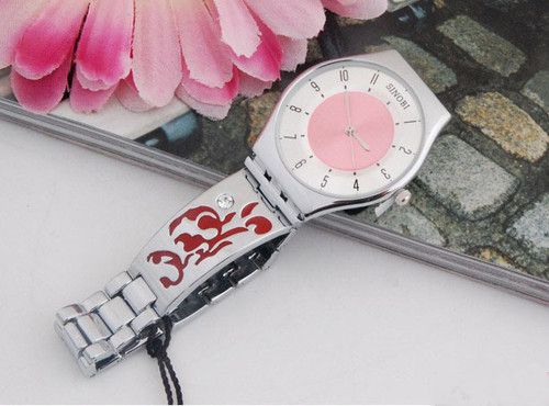 New ladies thin carved flower steel wrist watch red  