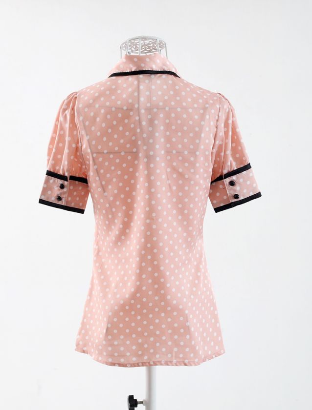   womens girls Chiffon Pink polka dot Print Bow Tie Top Shirt Blouse