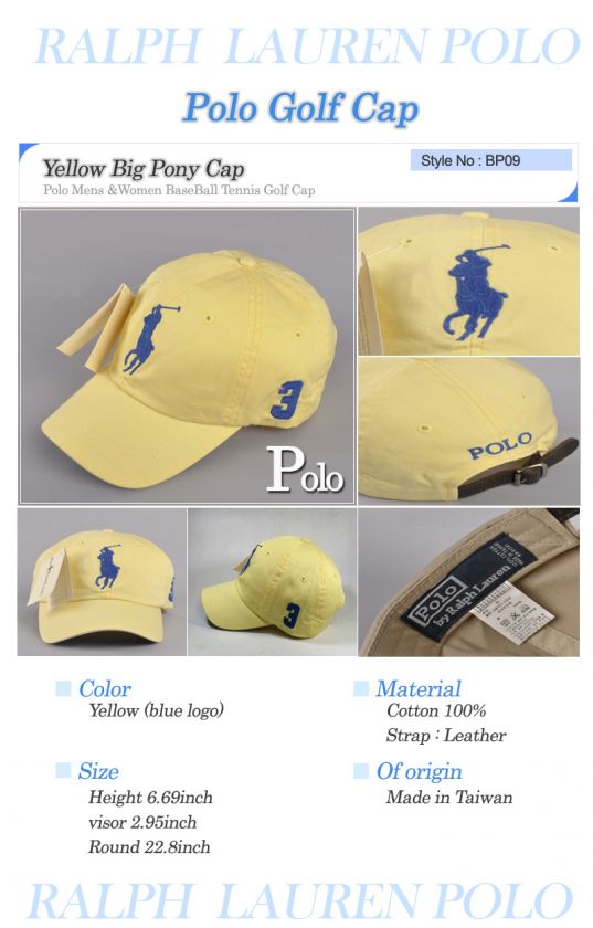 Big logo Polo Mens Womens BaseBall Tennis Golf Cap Yellow / blue logo