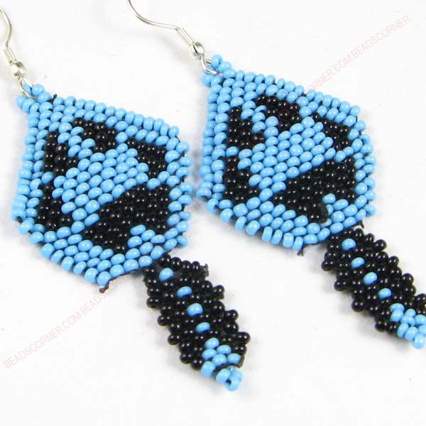 BEADED BEAR PAW TURQUOISE BLUE BLACK SEED EARRINGS  