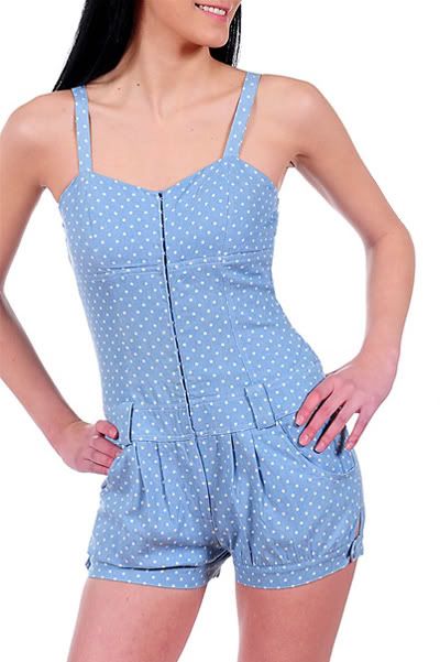 Katia Blue Polka Dot Spaghetti Strap Retro Romper, M  