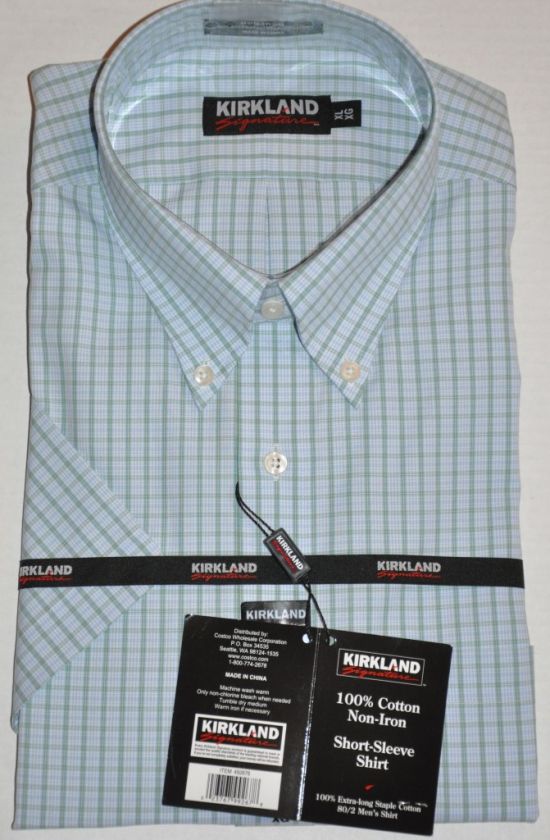 KIRKLAND Cotton SHIRT no non IRON plaid blue grn XL XXL  