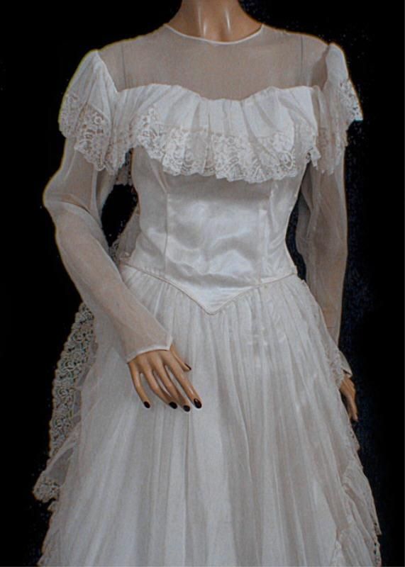 Vtg 30s Lace Satin Sheer Wedding Dress Long Train S M  