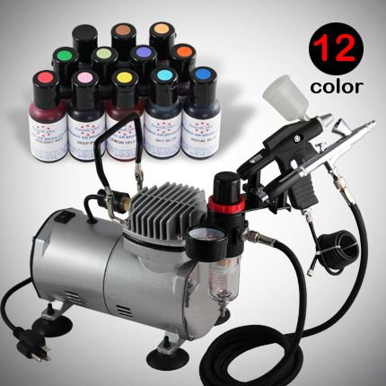 New PRO 12 Food Colors Cake Decorating Airbrush Kit Dual Action Set 