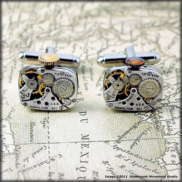 Steampunk Cufflinks   Matching Vintage Watch Movement  