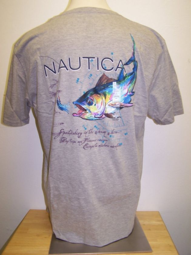 NWT Mens Nautica GRAY Tuna Sport Fishing T Shirt 2XL / 3XL Lures 100% 