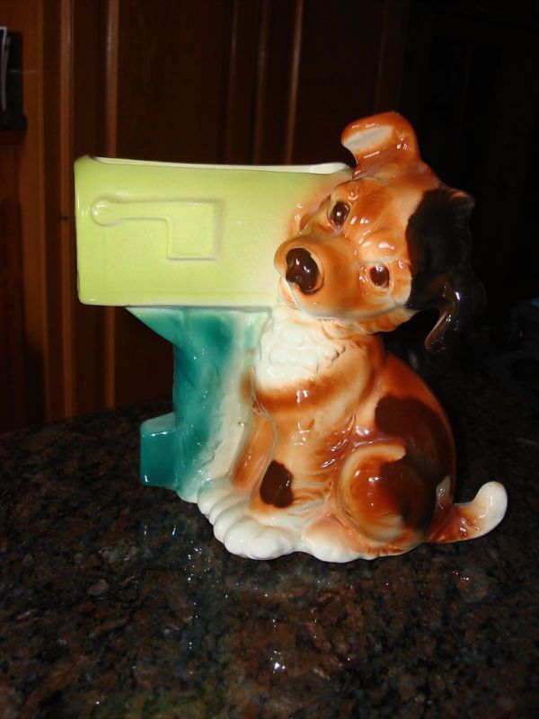 Vintage Royal Copley Planter DOG BESIDE MAILBOX  