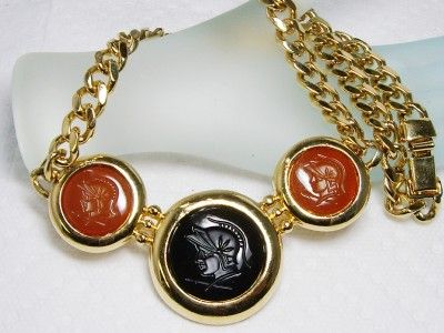   Carnelian & Onyx GLASS Intaglio ROMAN SOLDIER Triple Pendant Necklace