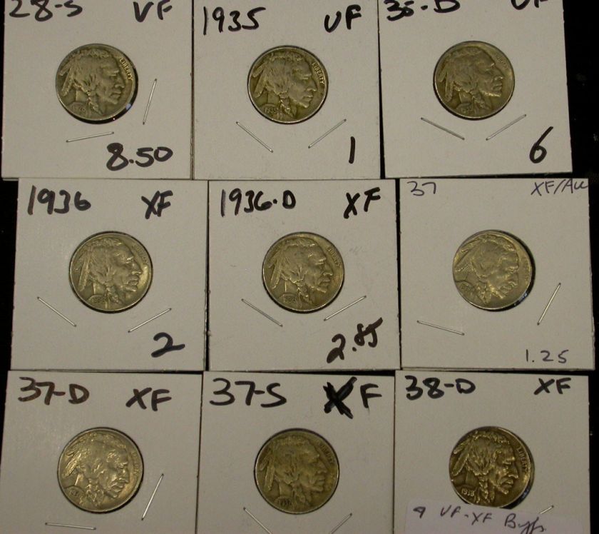 NINE DIFFERENT VF XF BUFFALO NICKEL LOT ID#O859  