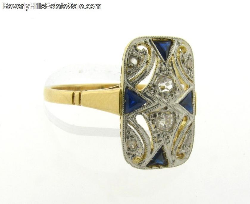 Art Deco 18K Yellow Gold Diamonds Sapphires Plat. Ring  