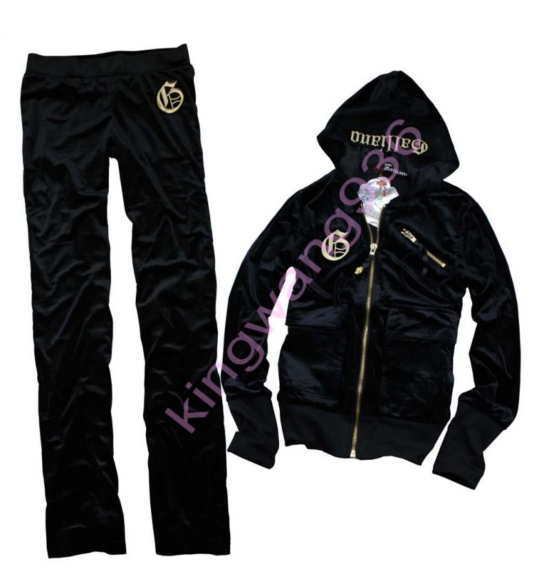 New Womens Velvet Zipper Embroidery Logo Diamond Skull Tracksuit 