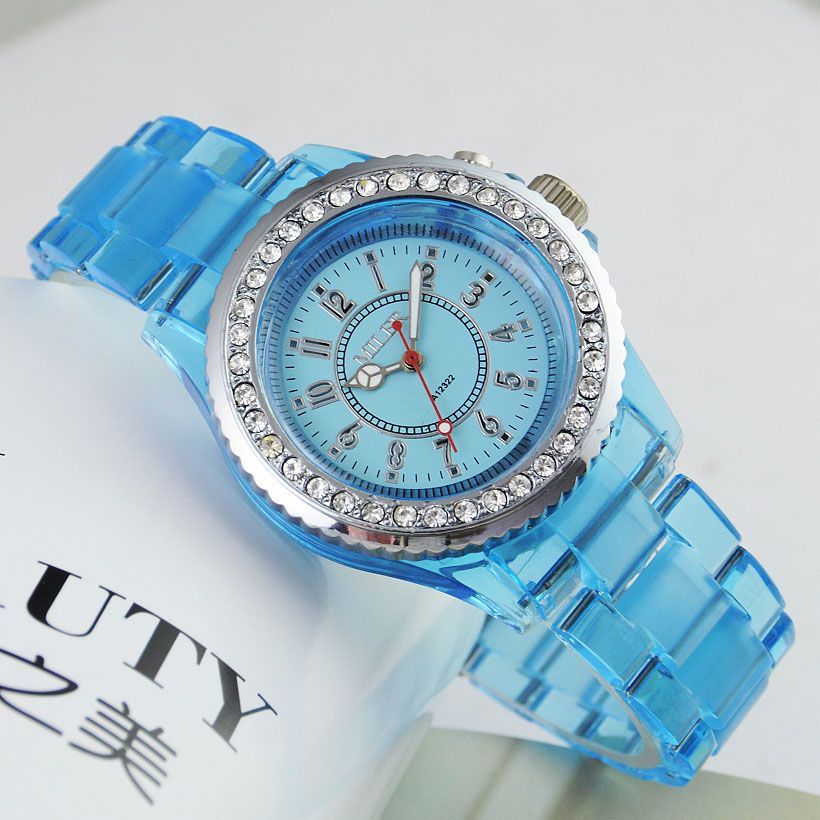 Fashion Blue Manmade Crystal Diamonds LEDs Women lady girls watch 