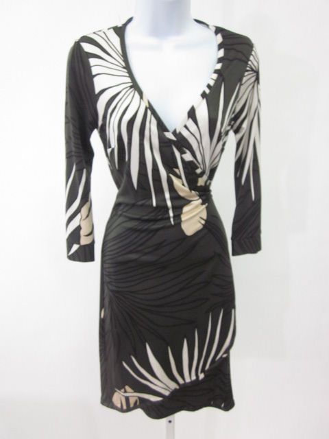 JULIE BROWN Green White Black Print Silk Wrap Dress P  