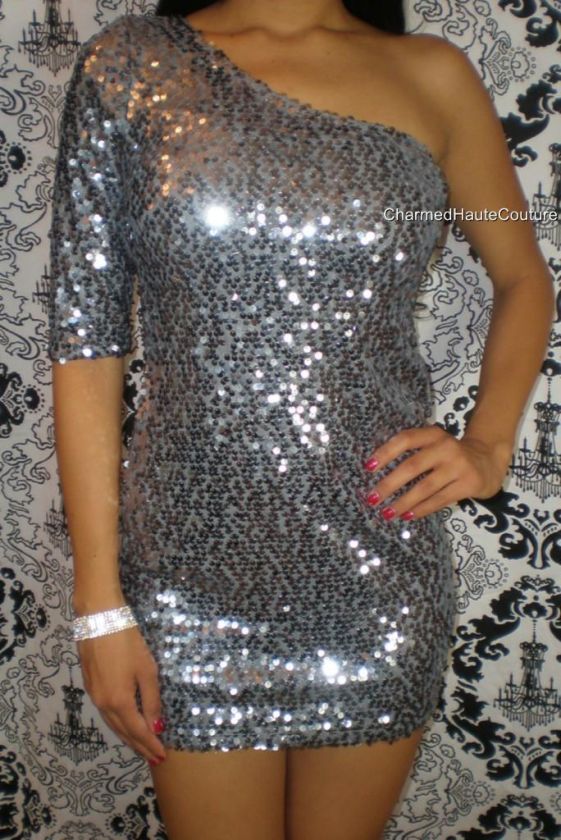   & Silver All Over Sequins One Shoulder Dress Size Large NWT  