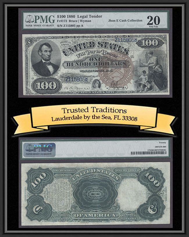 TT 1880 $100 LT SCARCE FR # 173 PMG 20 VF FINEST KNOWN  